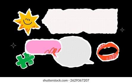Collage of torn pieces of paper surrounded by smiling stars, open lips, speech bubbles, puzzle pieces, doodles. Vivid design and template for various ads or content.