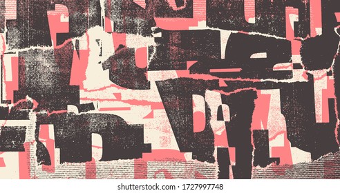 Collage of torn street posters. Abstract  halftone lettering background. vector illustration