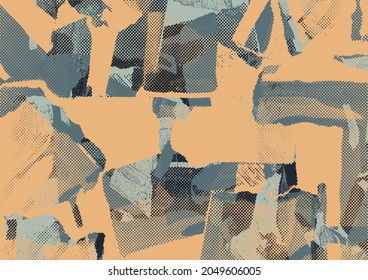 Collage of torn street posters. Abstract halftone lettering background. vector illustration