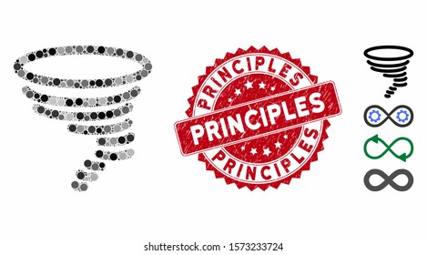 Collage tornado icon and rubber stamp seal with Principles text. Mosaic vector is created with tornado icon and with random round spots. Principles seal uses red color, and rubber texture.