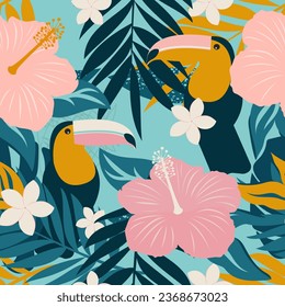 Collage with toucans modern hibiscus flowers, plumeria and leaves form a seamless pattern. Exotic design for wrapping paper, fabric. Vector.