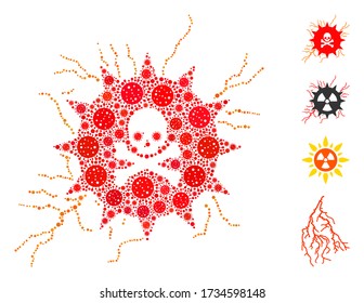 Collage toxic power constructed from flu virus icons in variable sizes and color hues. Vector infection parts are united into abstract collage toxic power icon. Some bonus icons are added.