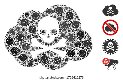 Collage toxic smoke organized from coronavirus icons in random sizes and color hues. Vector infection icons are composed into abstract collage toxic smoke icon. Some bonus icons are added.