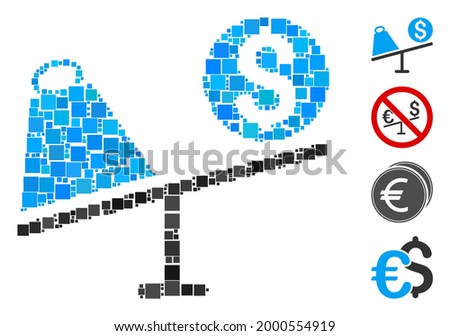 Collage Trade swing icon designed from square elements in variable sizes and color hues. Vector square elements are united into abstract collage trade swing icon. Bonus pictograms are added.