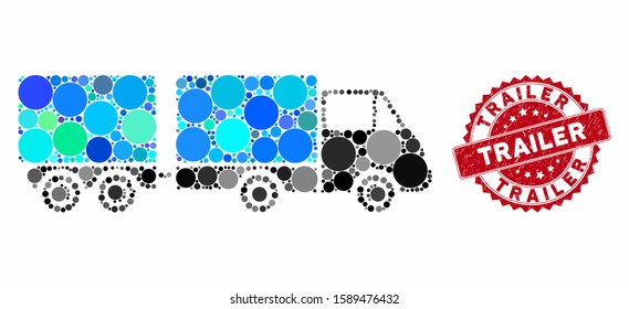 Collage trailer and rubber stamp seal with Trailer caption. Mosaic vector is created with trailer icon and with randomized circle spots. Trailer stamp seal uses red color, and rubber design.