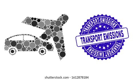 Collage transport icon and distressed stamp seal with Transport Emissions text. Mosaic vector is composed with transport icon and with randomized spheric elements.