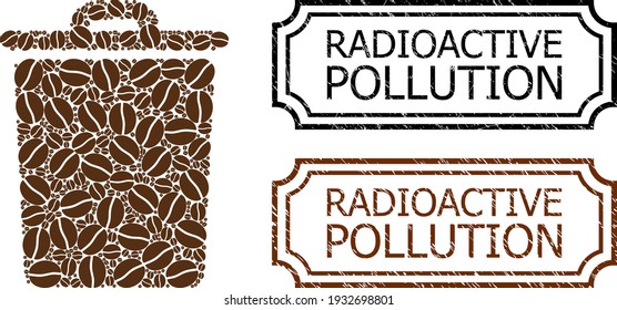 Collage trash bin constructed from cacao seeds, and grunge Radioactive Pollution rectangle badges with notches. Vector coffee icons are united into abstract mosaic trash bin icon with brown color.