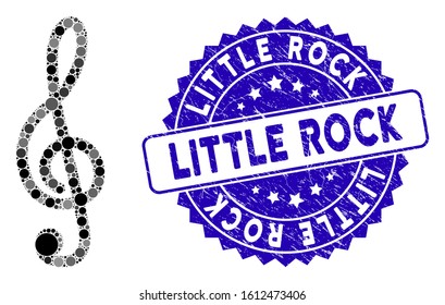 Collage treble clef icon and grunge stamp seal with Little Rock phrase. Mosaic vector is created with treble clef icon and with scattered circle elements. Little Rock seal uses blue color,
