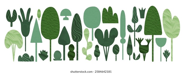 Collage of trees bushes shrubs cute stylized vector illustration. Simple silhouettes of leaves and plants. Abstract design. Nature's beauty in a childish, eco-friendly, freehand style. Ecology project