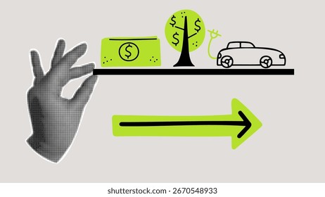 Collage with trendy eco business elements. Halftone hand, dollar bill, money tree, and electric car. 