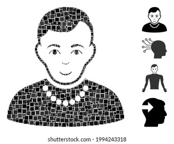 Collage Icono de tipo trendy compuesto de elementos cuadrados de diferentes tamaños y tonos de color. Los elementos cuadrados vectoriales se componen en ilustraciones abstractas icono tipo de moda. Se colocan pictogramas bonificados.