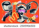 Collage of trendy halftone elements, 90s music, retro nostalgia. trendy Y2K elements with antique statue singing in mike. Paper torn out stickers. Vector illustration.