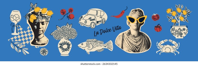 Colagem em um estilo moderno de pop art. Dolce Vita. Conjunto de elementos de férias de verão Itália. Desenho de doodle vintage desenhado à mão. Estátuas, limões, vinho, carro, frutos do mar, flores em um vaso, taça de vinho.