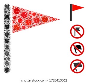 Collage triangle flag organized from coronavirus elements in variable sizes and color hues. Vector viral icons are united into abstract collage triangle flag icon. Some bonus icons are added.