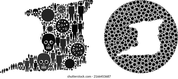 Collage Trinidad Island map designed from sars virus items and humans and skeleton items. Infection virus Trinidad Island map mosaic designed with sphere and stencil.