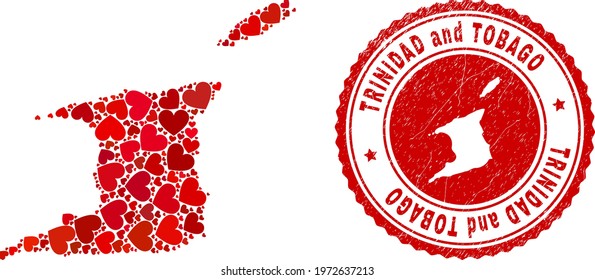 Collage Trinidad and Tobago map designed with red love hearts, and unclean badge. Vector lovely round red rubber badge imprint with Trinidad and Tobago map inside.