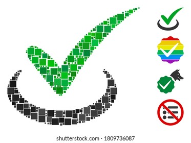 Collage True icon united from square items in different sizes and color hues. Vector square items are united into abstract mosaic true icon. Bonus icons are added.