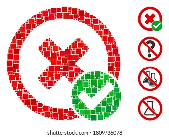 Collage True negative icon composed of square elements in random sizes and color hues. Vector square items are composed into abstract collage true negative icon. Bonus pictograms are placed.