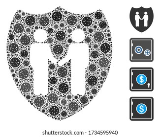 Collage trust shield composed of covid-2019 virus items in variable sizes and color hues. Vector infection items are arranged into abstract collage trust shield icon. Some bonus icons are added.