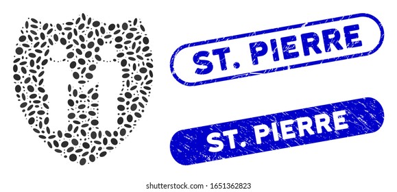 Collage trust shield and corroded stamp seals with St. Pierre caption. Mosaic vector trust shield is formed with random ellipse elements. St. Pierre stamp seals use blue color,