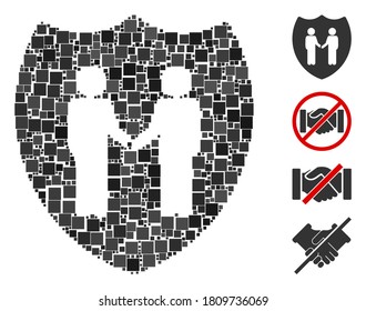 Collage Trust Shield Icon Composed Of Square Elements In Different Sizes And Color Hues. Vector Square Items Are United Into Abstract Collage Trust Shield Icon. Bonus Pictograms Are Added.