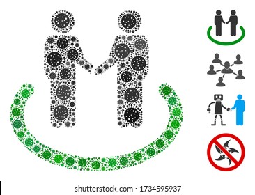 Área de confianza en grupo diseñada a partir de iconos de virus covid-2019 en tamaños variables y tonos de color. Los elementos patógenos vectoriales se organizan en un icono de área de confianza de collage abstracto.
