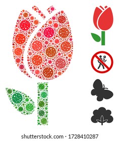 Collage tulip designed from coronavirus items in various sizes and color hues. Vector infection icons are arranged into abstract collage tulip icon. Some bonus icons are added.