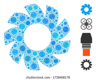 Collage turbine united from coronavirus elements in different sizes and color hues. Vector infection icons are arranged into abstract collage turbine icon. Some bonus icons are added.