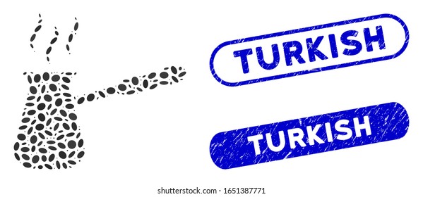 Kürzen Sie türkische Kaffee- und Gummisiegel mit türkischem Text. Der türkische Kaffee aus der Vektorillustration der Mosaike wird mit zufälligen ovalen Gegenständen hergestellt. Türkische Stempelrobben verwenden eine blaue Farbe und haben eine abgerundete Rechteckform.