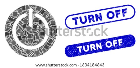 Collage turn off power and rubber stamp watermarks with Turn Off phrase. Mosaic vector turn off power is created with randomized rectangle items. Turn Off stamp seals use blue color,