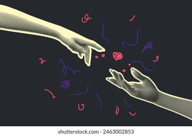 Collage with two halftone female hands and doodle hand drawn elements.