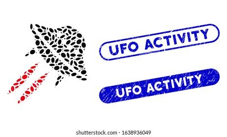 Collage UFO start and distressed stamp seals with UFO Activity text. Mosaic vector UFO start is created with random oval parts. UFO Activity stamp seals use blue color, and have round rectangle shape.