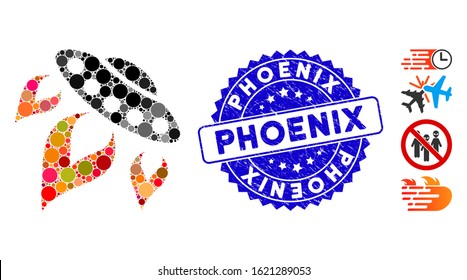 Collage UFO start fire icon and rubber stamp seal with Phoenix phrase. Mosaic vector is created with UFO start fire pictogram and with random round elements. Phoenix stamp seal uses blue color,