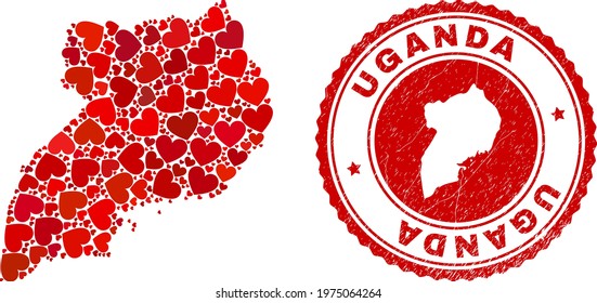 Collage Uganda map designed from red love hearts, and rubber badge. Vector lovely round red rubber badge imprint with Uganda map inside. Geographic abstraction of Uganda map with red amour symbols.