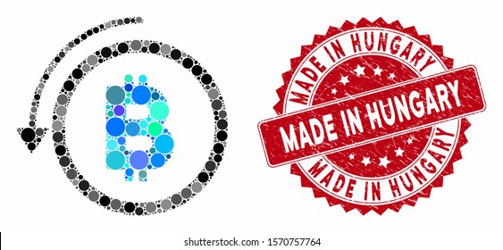 Collage undo Bitcoin payment and distressed stamp seal with Made in Hungary caption. Mosaic vector is composed with undo Bitcoin payment icon and with scattered round elements.