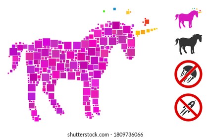 Collage Unicorn icon designed from square items in different sizes and color hues. Vector square items are united into abstract collage unicorn icon. Bonus pictograms are placed.