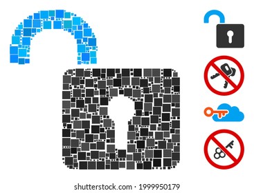 Collage Unlock icon designed from square items in random sizes and color hues. Vector square items are organized into abstract collage unlock icon. Bonus icons are placed.