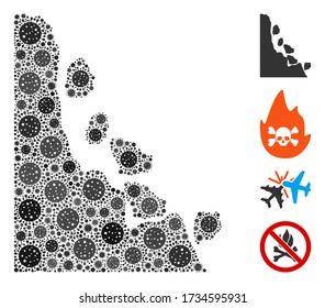 Collage unstable stones composed of coronavirus icons in random sizes and color hues. Vector infection icons are grouped into abstract collage unstable stones icon. Some bonus icons are added.