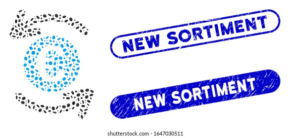 Collage update Euro balance and rubber stamp seals with New Sortiment text. Mosaic vector update Euro balance is created with randomized elliptic spots. New Sortiment stamp seals use blue color,