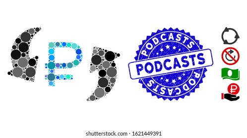 Collage update rouble balance icon and grunge stamp seal with Podcasts text. Mosaic vector is composed with update rouble balance icon and with scattered circle items.
