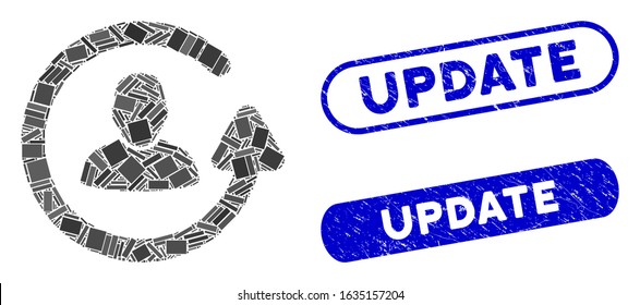 Collage update user and distressed stamp seals with Update text. Mosaic vector update user is composed with randomized rectangle items. Update stamp seals use blue color,