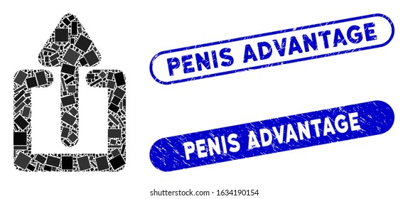 Collage upload and distressed stamp seals with Penis Advantage phrase. Mosaic vector upload is created with random rectangle items. Penis Advantage stamp seals use blue color,