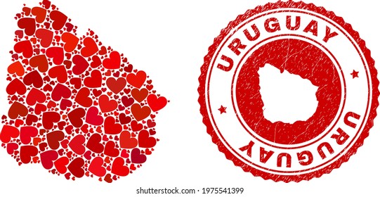 Collage Uruguay map designed from red love hearts, and rubber badge. Vector lovely round red rubber badge imprint with Uruguay map inside.