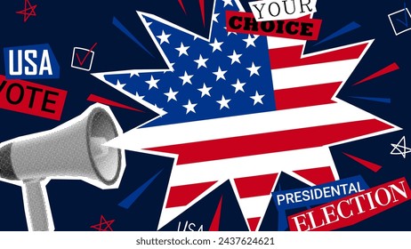 Collage for US presidential election. Vector banner with halftone loudspeaker calling to USA election voting. Collage for US Election 2024 campaign. Vote day, November 5.