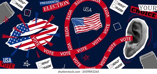 Collage for US presidential election. Vector banner with paper lips colored USA flags calling to presidental election. Collage for US Election 2024 campaign. Vote day, November 5.