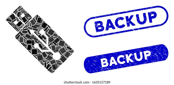 Collage USB drive and distressed stamp watermarks with Backup caption. Mosaic vector USB drive is designed with randomized rectangle items. Backup stamp seals use blue color,