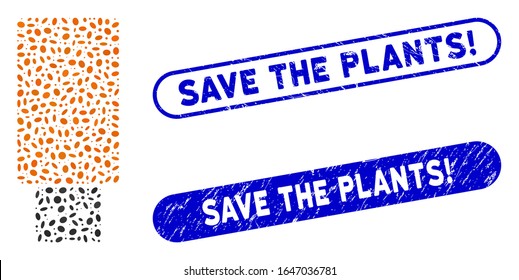 Collage USB flash drive y sellos de sellos con problemas con Save the Plants! subtítulo. La unidad flash USB vector mosaico está compuesta por puntos de elipse aleatorizados. ¡Salven las plantas! los sellos de sellos utilizan color azul,