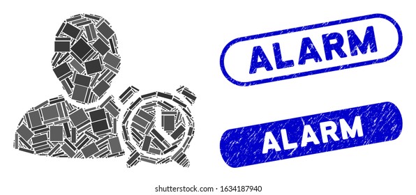 Collage user alarm clock and grunge stamp seals with Alarm text. Mosaic vector user alarm clock is created with random rectangle items. Alarm stamp seals use blue color,
