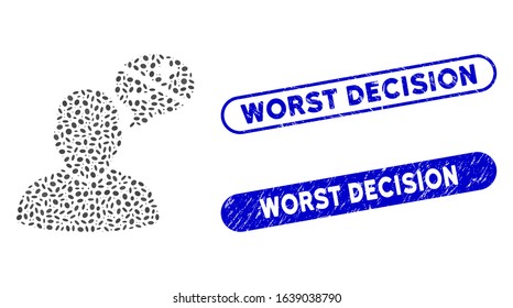 Collage user arguments and corroded stamp seals with Worst Decision caption. Mosaic vector user arguments is created with random ellipse parts. Worst Decision stamp seals use blue color,