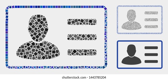 Collage User card icon united from round and square items in random sizes, positions and proportions. Vector round and square items are united into abstract shape user card icons.